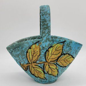 Vintage MCM Italian Pottery Basket Blue Lava Glaze With Yellow Leaf 8" Hand Pain